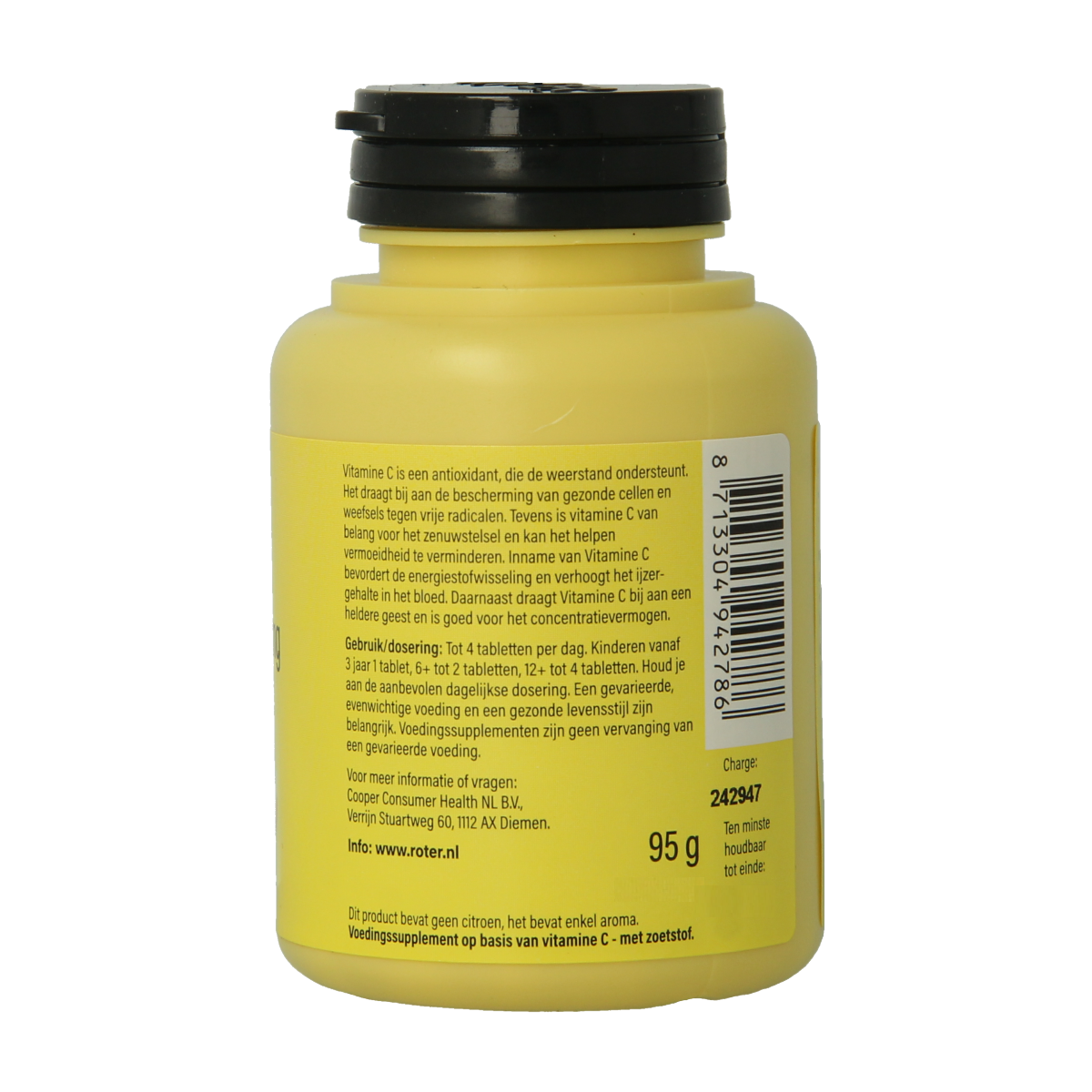 Roter Vitamine C 70 mg sugar-free chewable tablets in a blister pack, featuring orange-colored tablets and packaging.
