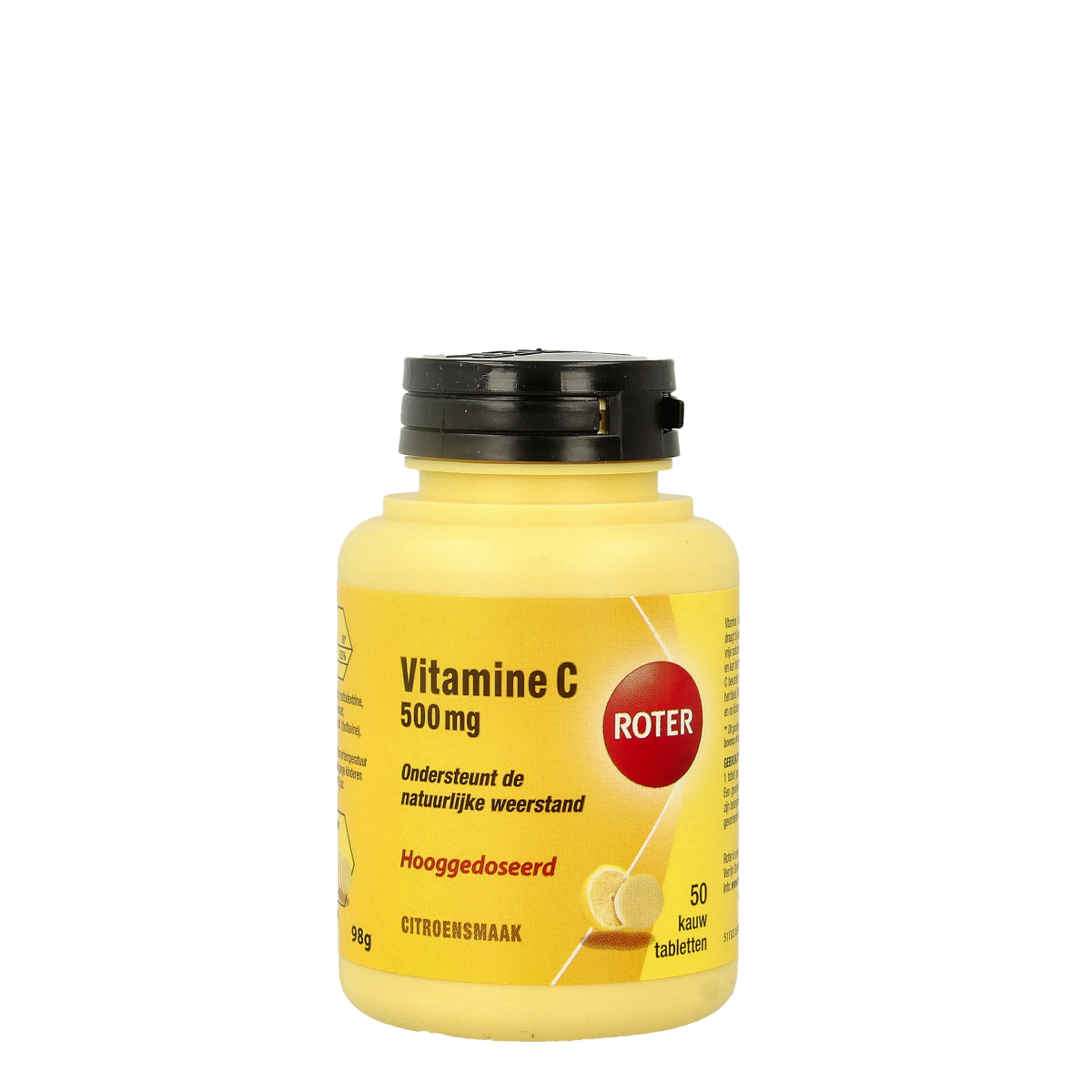Roter Vitamine C 500mg citroen chewable tablets, vitamin supplement in orange flavored chewable form, displayed in blister pack