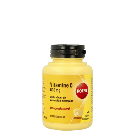 Roter Vitamine C 500mg citroen chewable tablets, vitamin supplement in orange flavored chewable form, displayed in blister pack