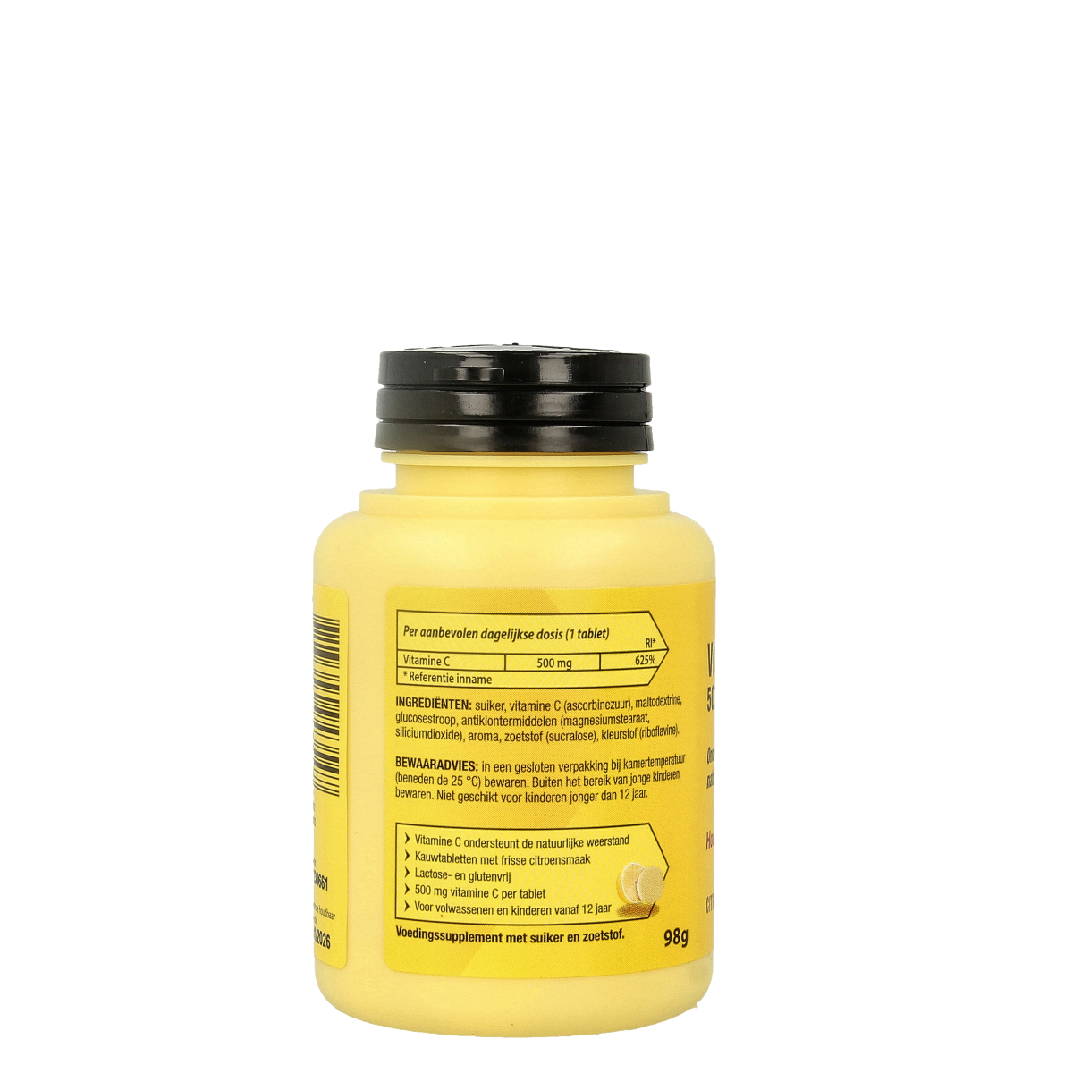 Roter Vitamine C 500mg citroen chewable tablets, vitamin supplement in orange flavor, displayed in a bottle.