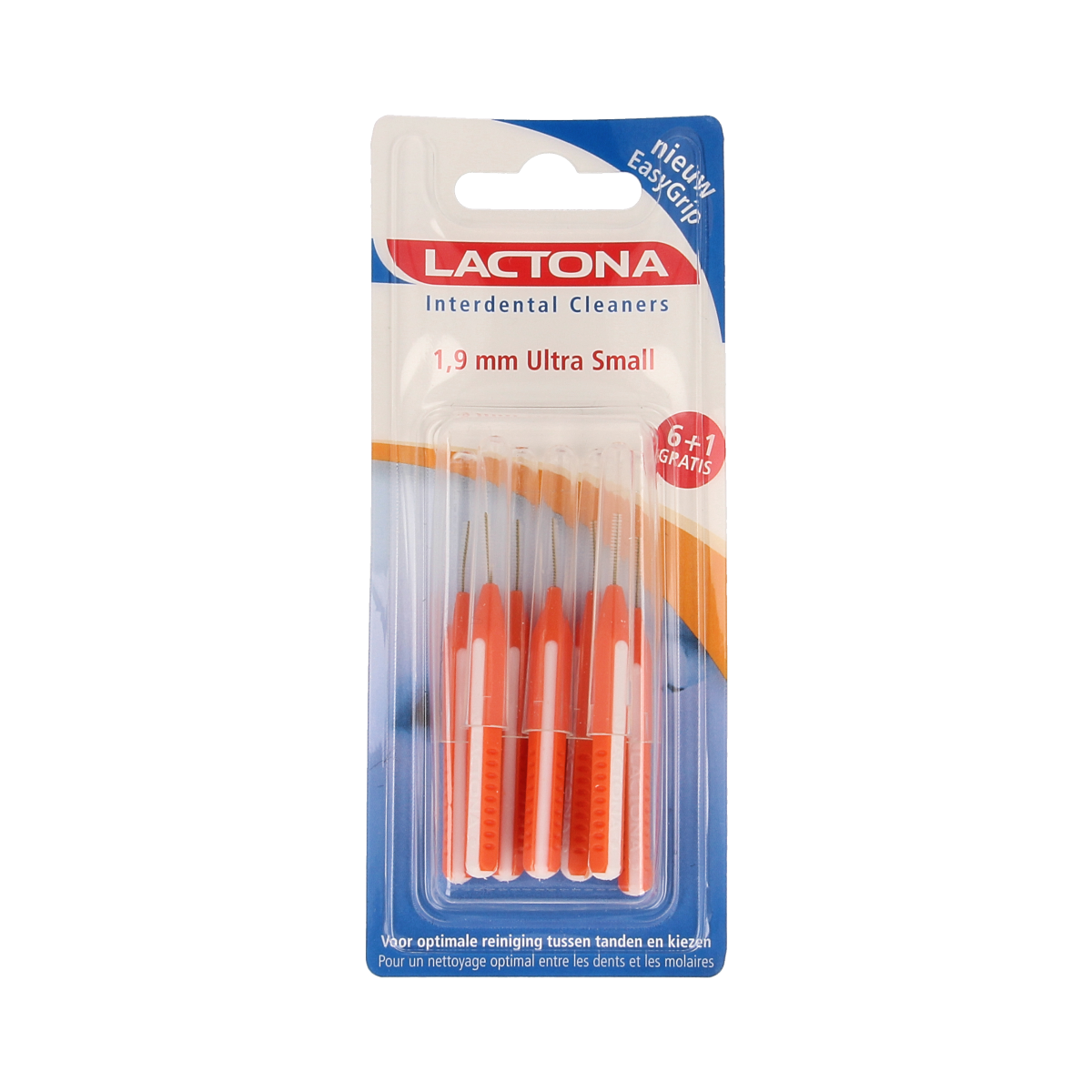 Lactona Easygrip ultra small 1.9mm dental floss picks, 6-pack, with easy grip handle for precise cleaning.