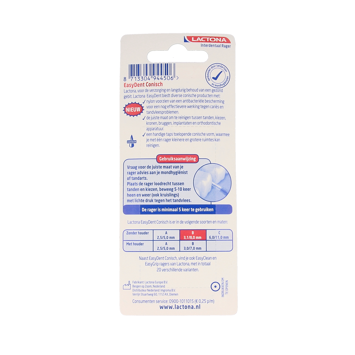 Lactona Easydent B 3.1-8mm tandenstokers zonder houdertje, 8 stuks, in open packaging, designed for dental cleaning.