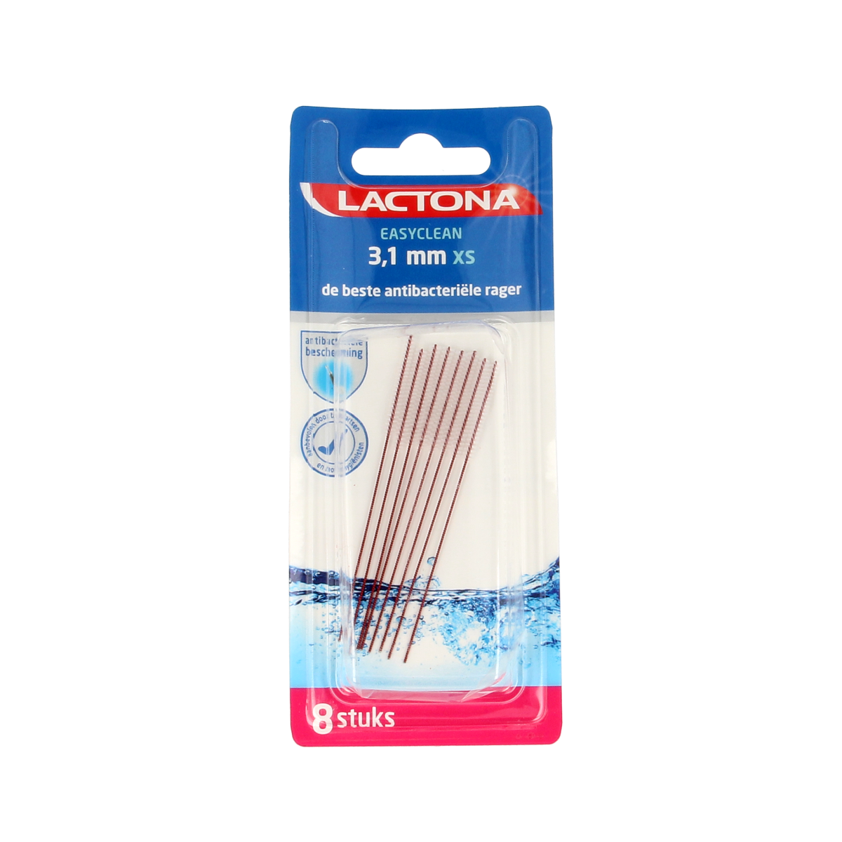 Lactona Easyclean XS 3.1mm dental floss picks and tooth cleaners, 8-pack, with ergonomic handle for oral hygiene.