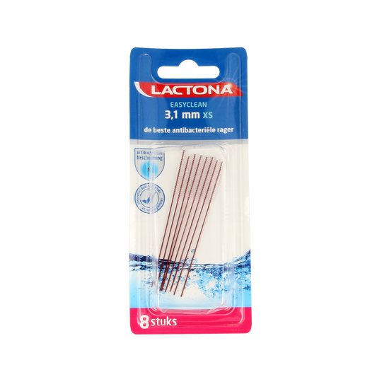 Lactona Easyclean XS 3.1mm dental floss picks and tooth cleaners, 8-pack, with ergonomic handle for oral hygiene.