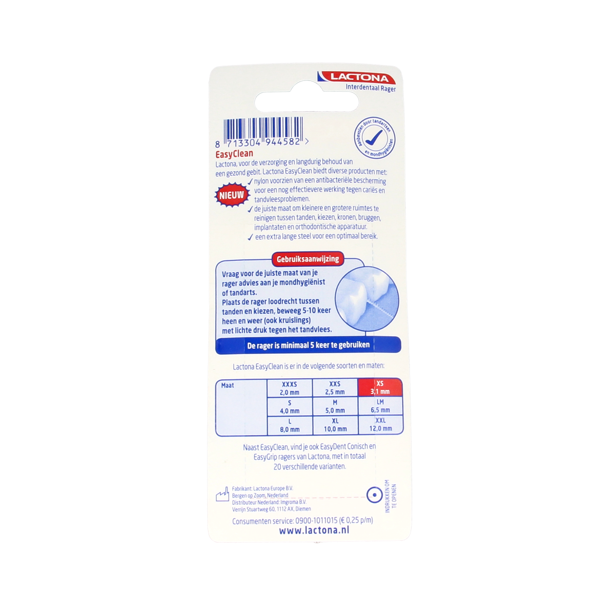 Lactona Easyclean XS 3.1mm dental floss picks and ragers, 8-pack, for effective oral hygiene and cleaning between teeth.