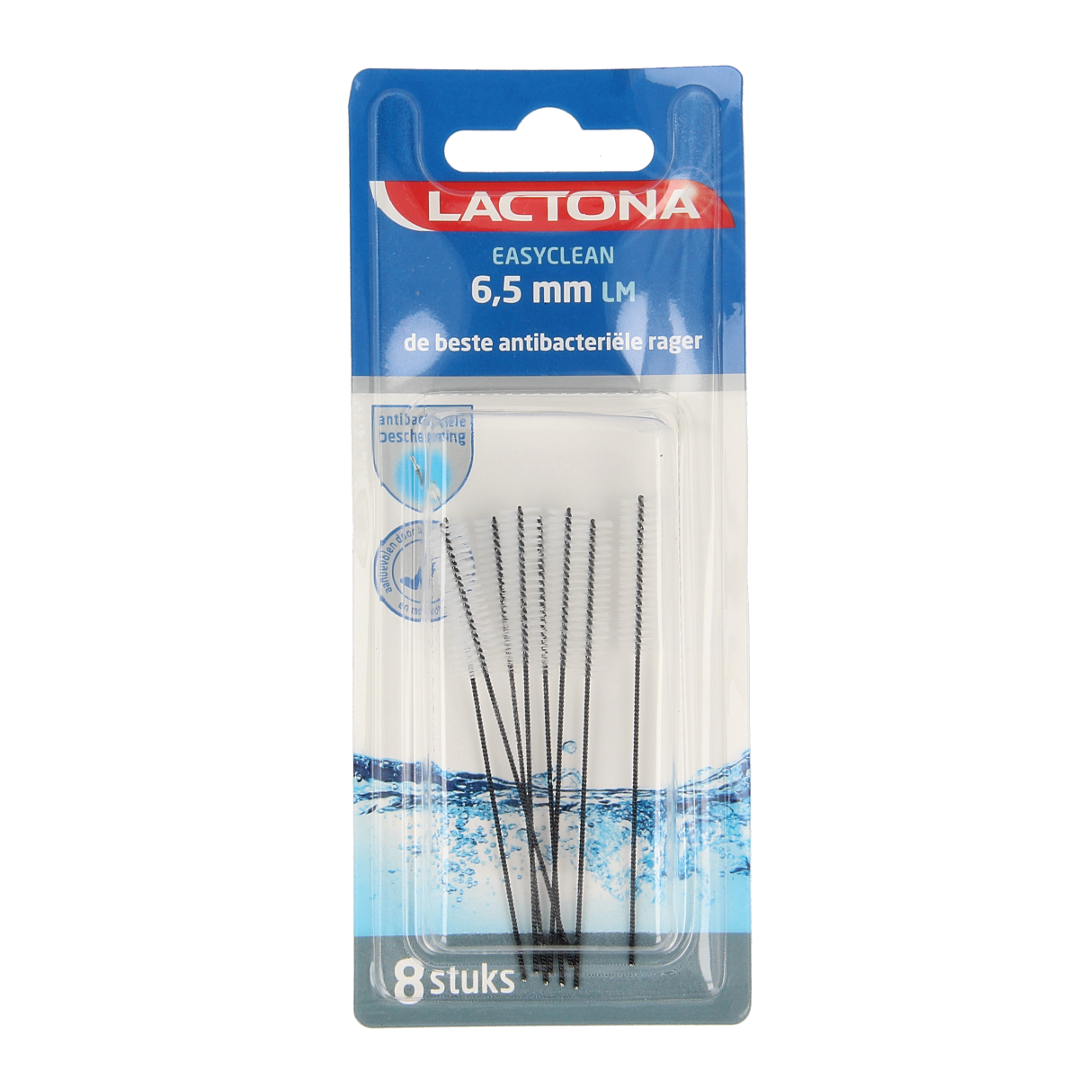 Lactona Easyclean L/M 6.5mm dental floss pick pack with 8 sticks, designed for effective plaque removal and oral hygiene.