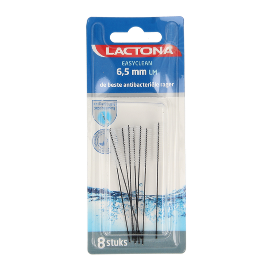 Lactona Easyclean L/M 6.5mm dental floss pick pack with 8 sticks, designed for effective plaque removal and oral hygiene.