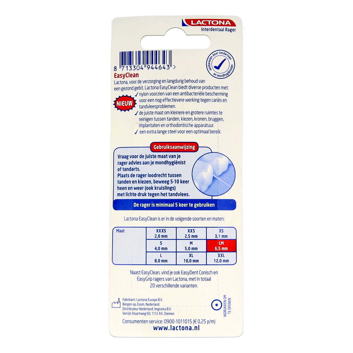 Lactona Easyclean L/M 6.5mm dental floss picks and interdental cleaners, 8-pack, with ergonomic handle and floss for oral hygiene.