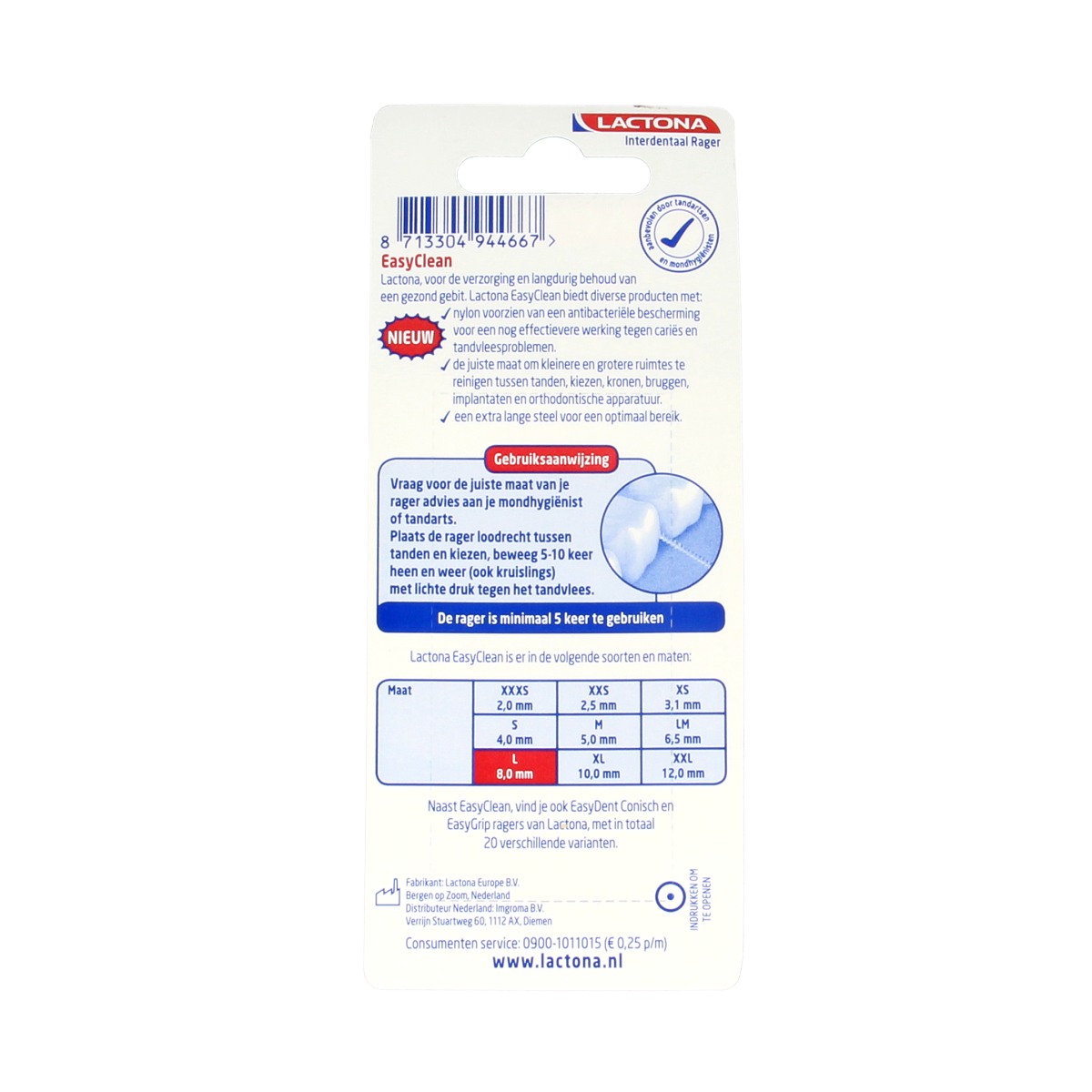 Lactona Easyclean L 8.0mm dental floss picks and interdental cleaners, set of 8, with ergonomic handle for effective oral cleaning.