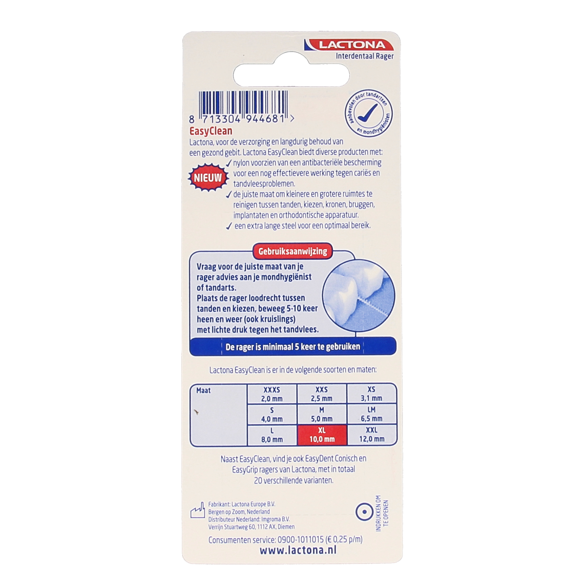 Lactona Easyclean XL 10.0mm dental floss picks and interdental cleaners, 8-pack, with ergonomic handles for effective cleaning.