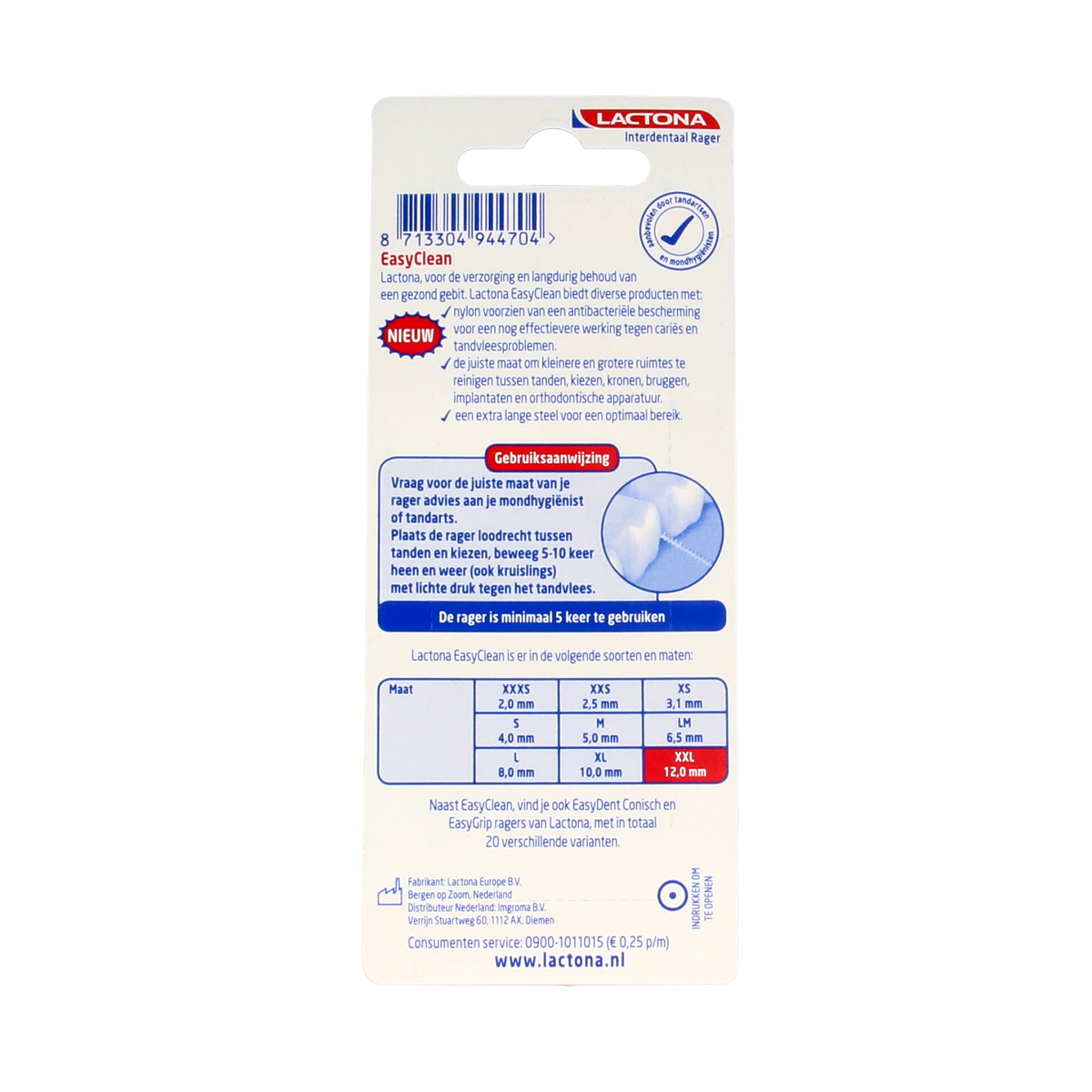 Lactona Easyclean XXL 12mm dental floss picks for oral hygiene and brushing control, 8-pack, brand Lactona.