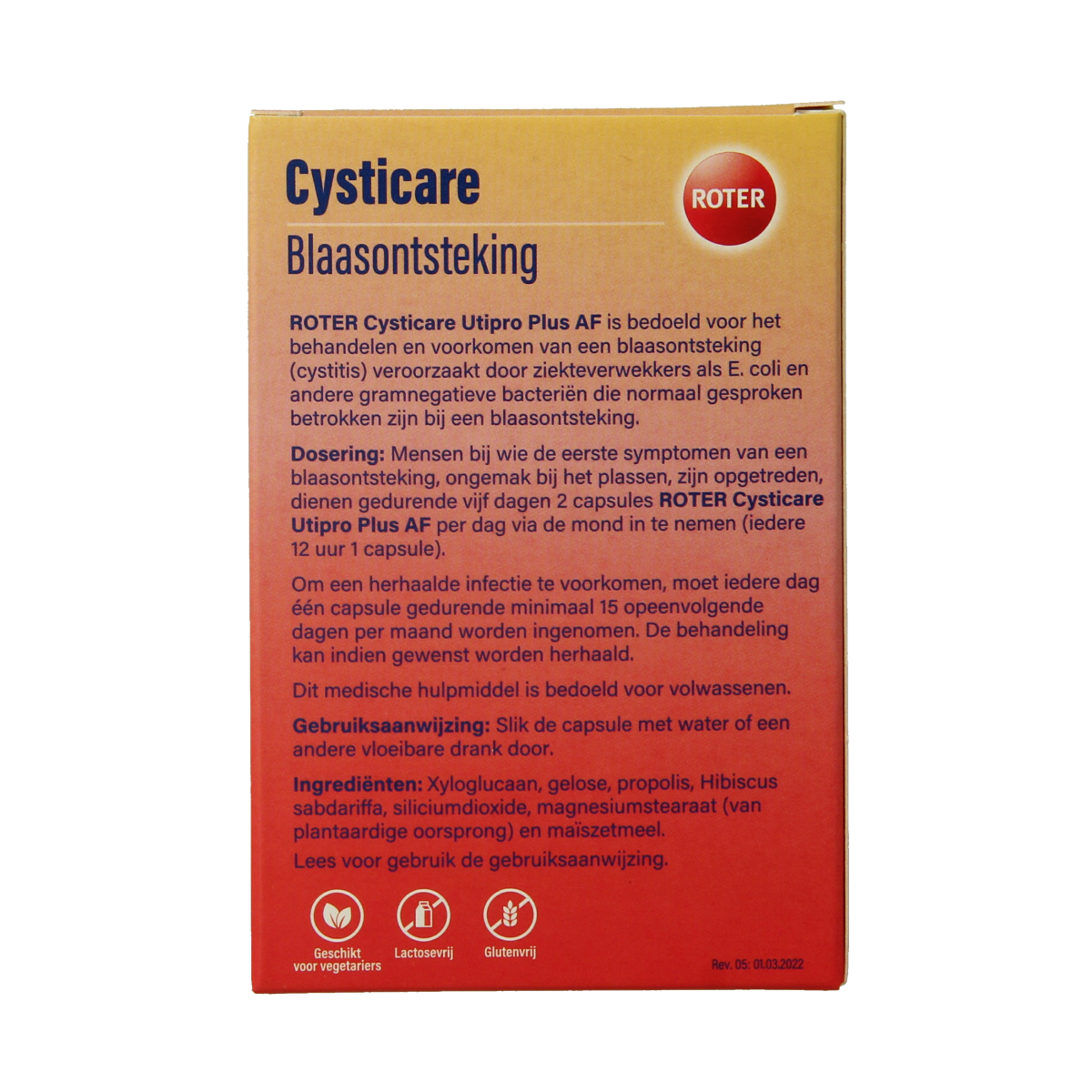 Roter Cysticare herbal supplement capsules in a bottle, designed for urinary health support, by Roter brand.
