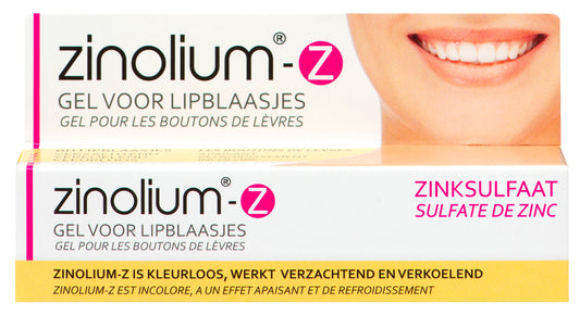 Zinolium Z lip care product with zinc sulfate, 5 grams, shown in a close-up image highlighting the packaging and product texture.