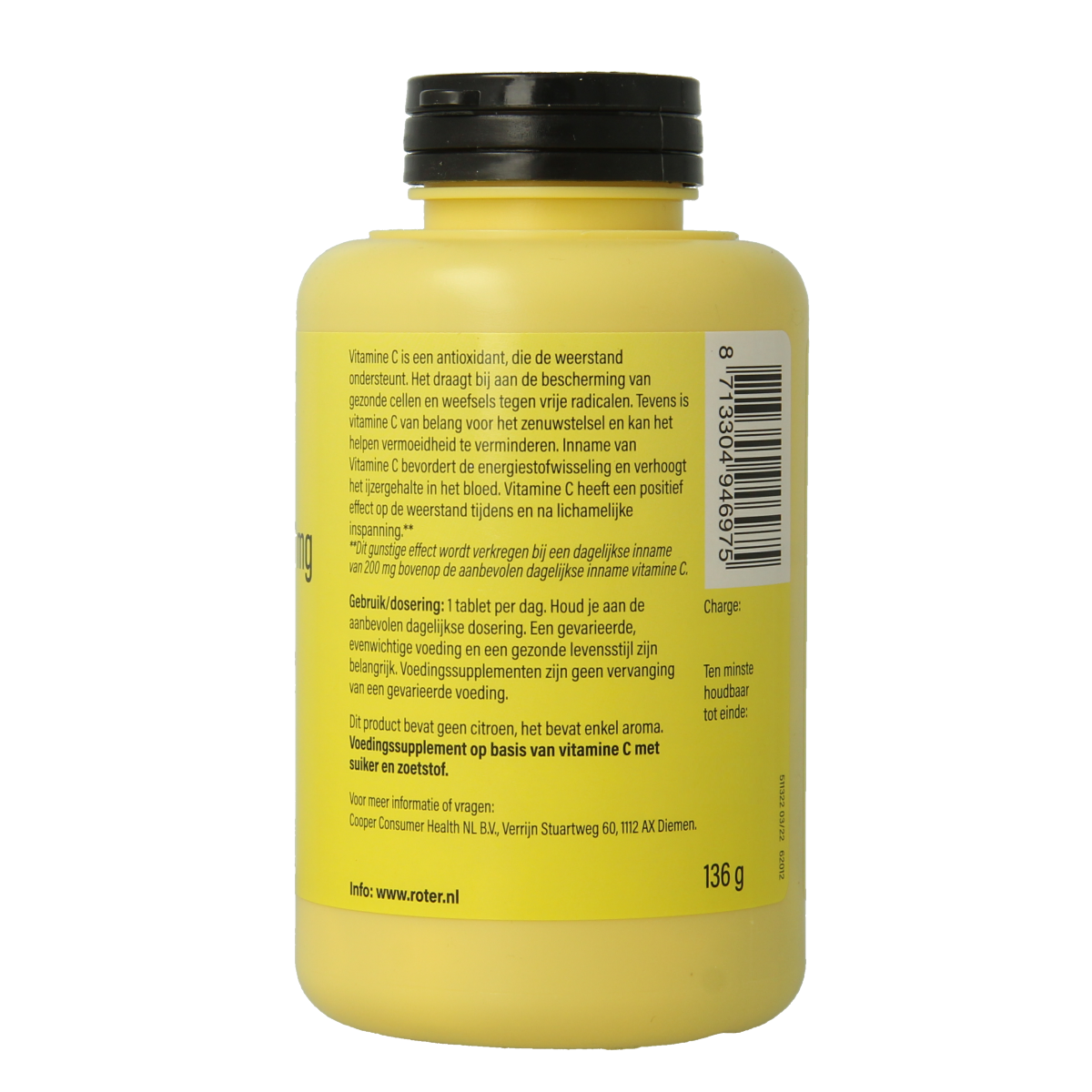 Roter Vitamine C 1000mg chewable tablets, natural vitamin supplement in a bottle, showing the product packaging.