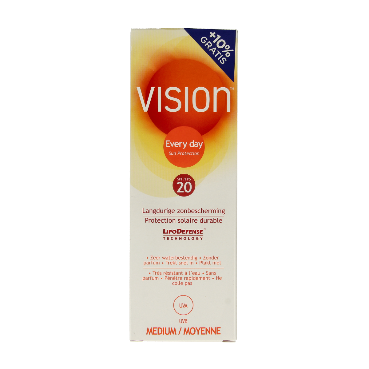Vision High Medium SPF20 sunscreen lotion in 180ml bottle, designed for sun protection and skincare.