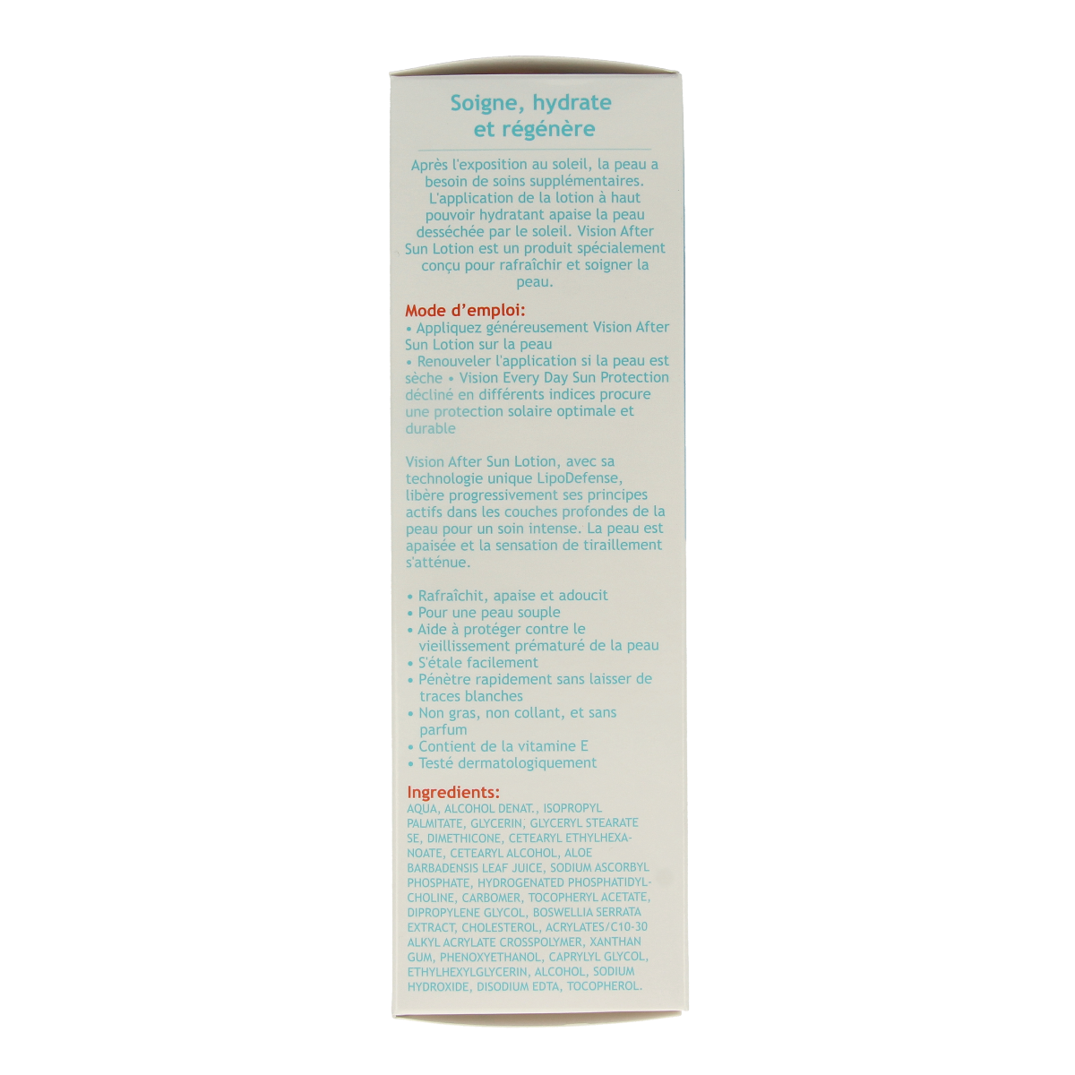 Bottle of Vision Aftersun lotion in a 180ml size, featuring a white pump and blue label, designed for soothing sun-exposed skin.