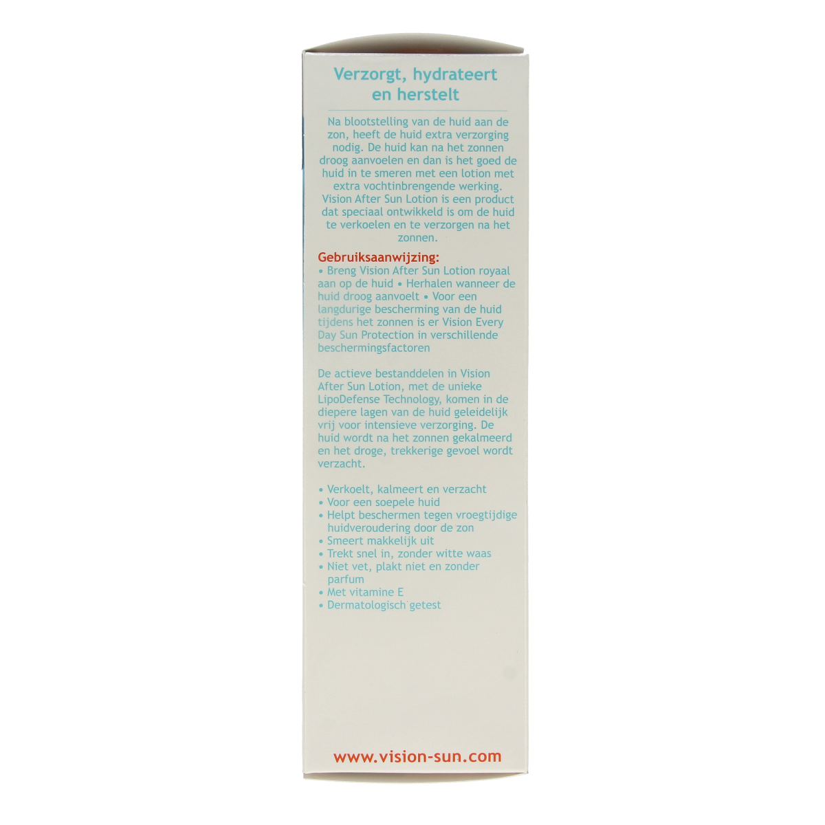 Vision Aftersun lotion in a 180ml bottle, soothing sun care product with a white and orange packaging design.
