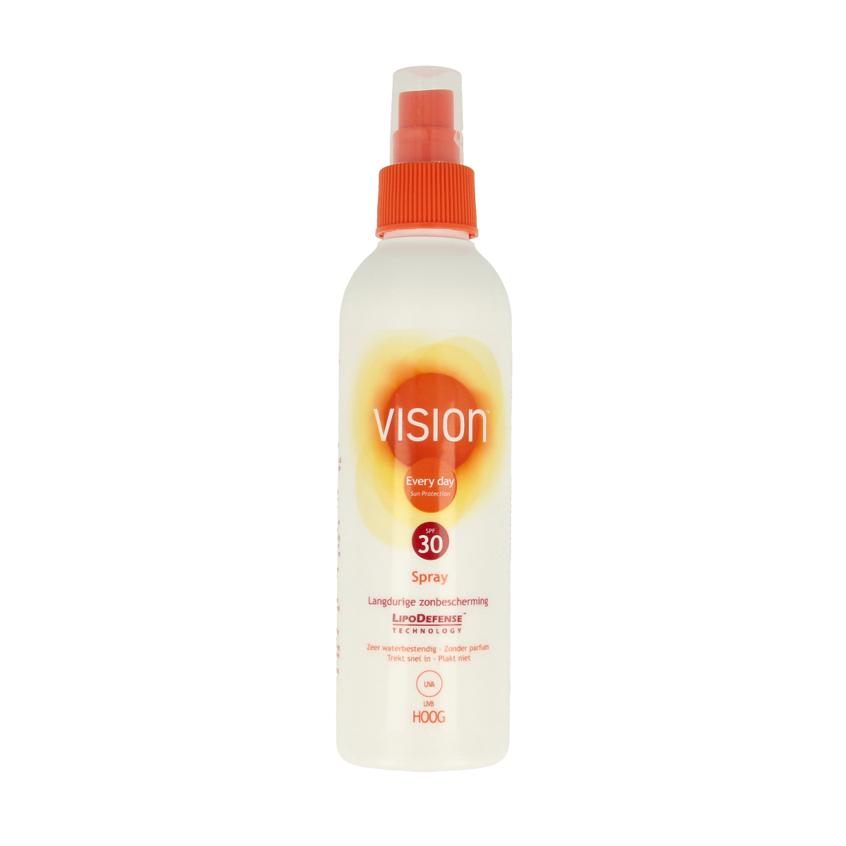 Vision High SPF30 sunscreen spray in 180ml bottle, offering sun protection with easy application and lightweight formula.