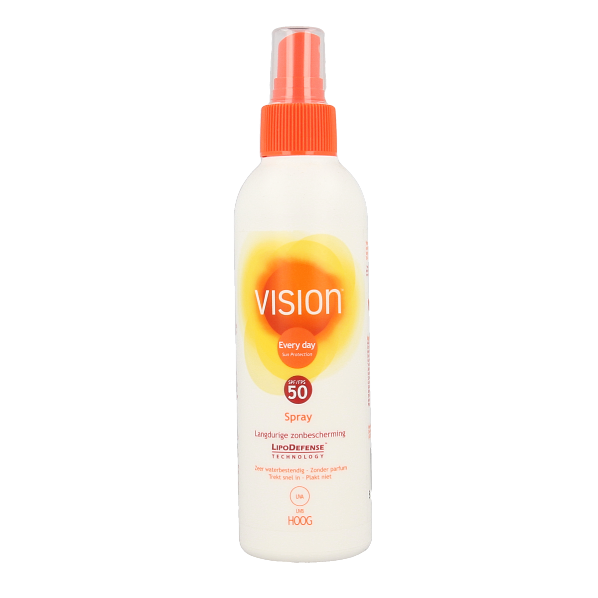 Vision High SPF50 sun spray in 180ml bottle, broad-spectrum sunscreen with easy-to-apply mist for effective sun protection.
