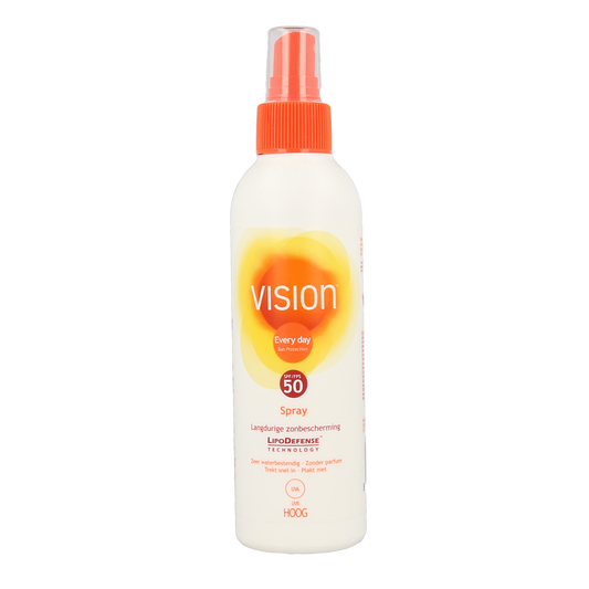 Vision High SPF50 sun spray in 180ml bottle, broad-spectrum sunscreen with easy-to-apply mist for effective sun protection.