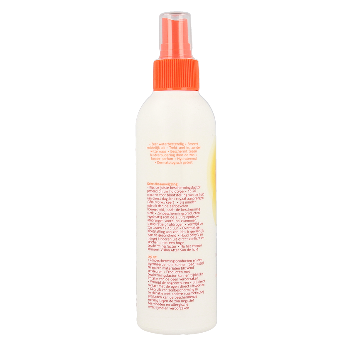 Vision High SPF50 sunscreen spray in 180ml bottle, featuring a pump dispenser and sun protection label.