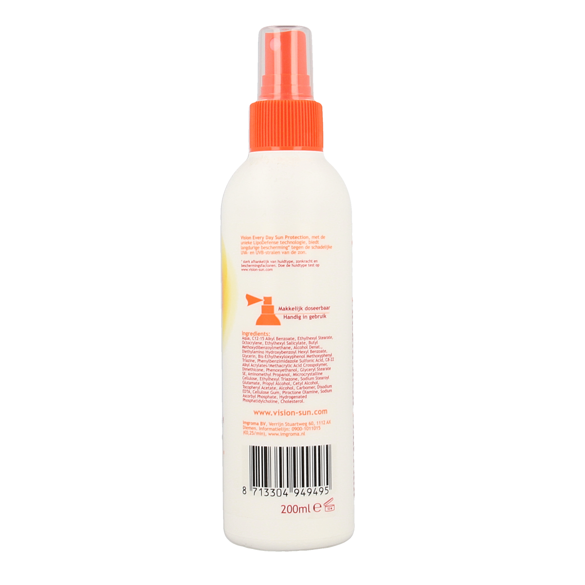 Vision High SPF50 sun spray in 180ml bottle, featuring a spray nozzle for easy application and sun protection.