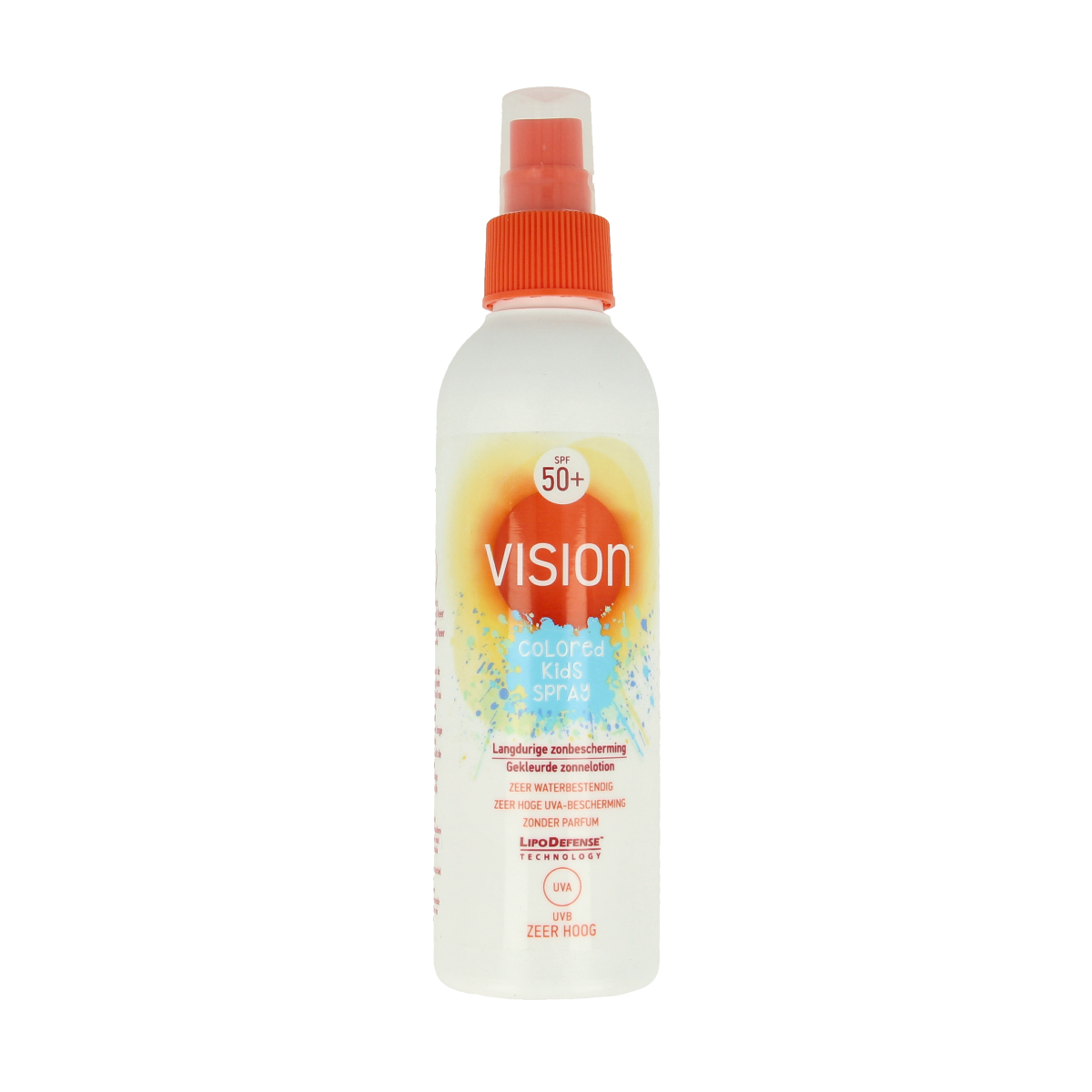 Vision Kids SPF50+ spray sunscreen in a 180ml bottle, designed for kids' sun protection with easy spray application.