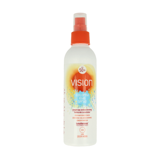 Vision Kids SPF50+ spray sunscreen in a 180ml bottle, designed for kids' sun protection with easy spray application.
