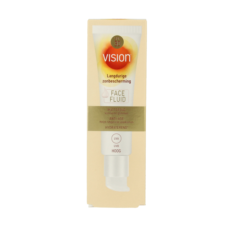 Vision Face Fluid SPF30 sunscreen in 50ml bottle, lightweight sun protection for face with broad-spectrum SPF.