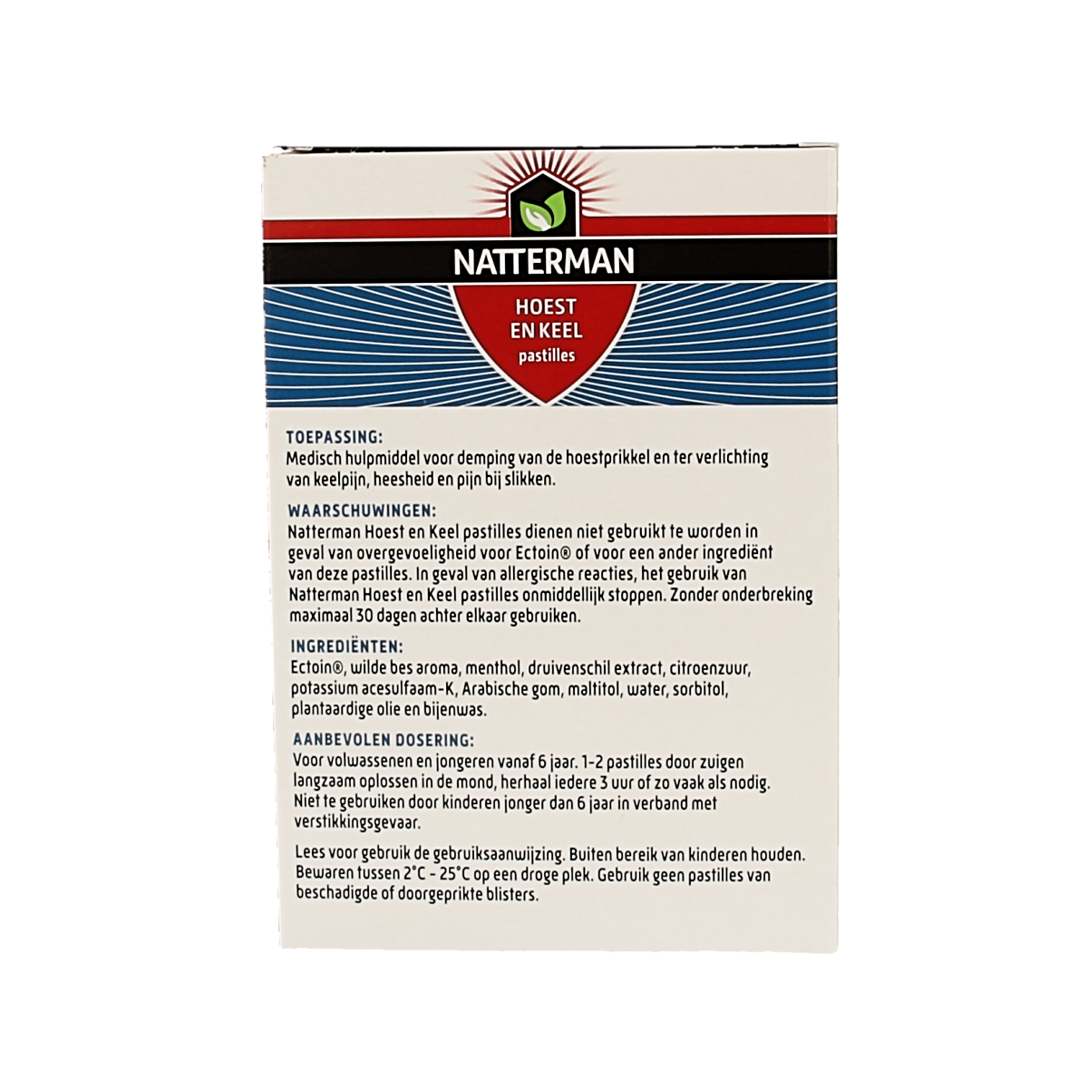 Natterman Alles-in-1 hoestpastilles, 20 pastilles, natural throat relief lozenges, in a clear package.