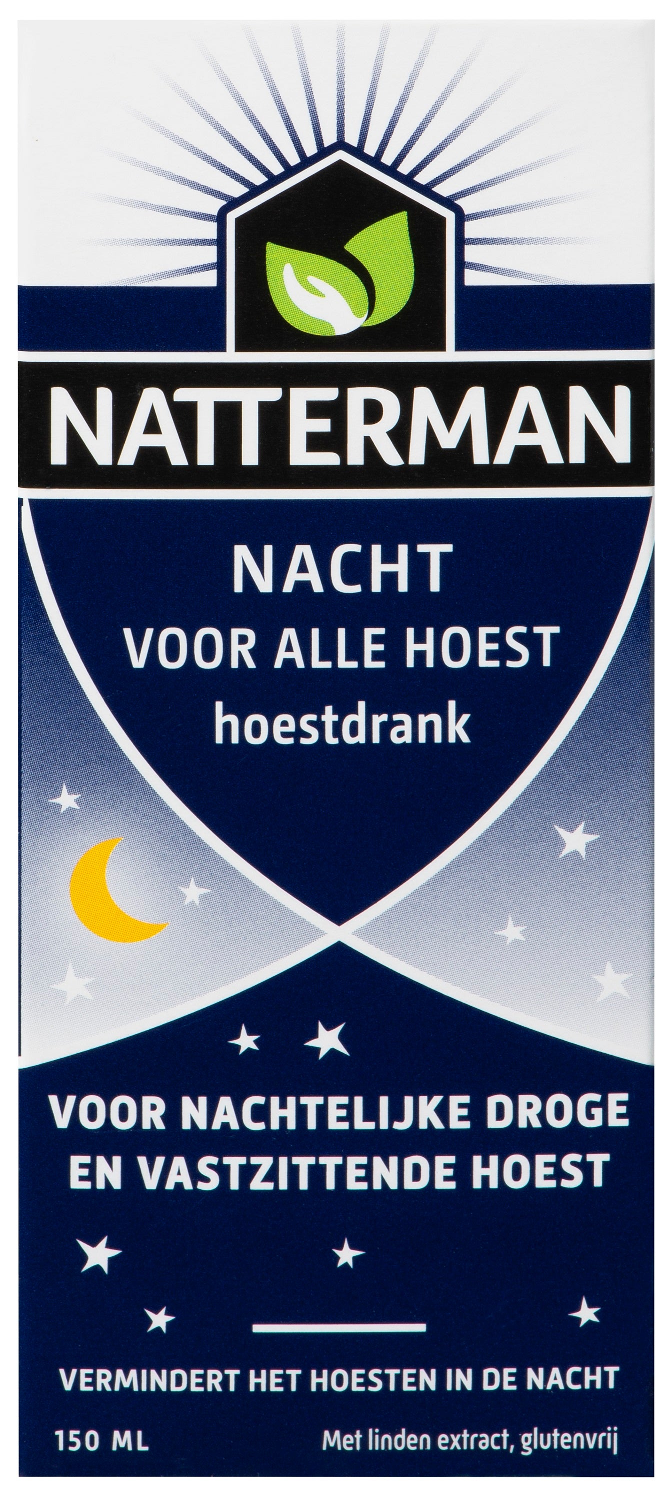 Natterman Nacht hoestsirop voor volwassenen, 150ml, witte fles met blauwe en groene etiketten, klaar voor gebruik