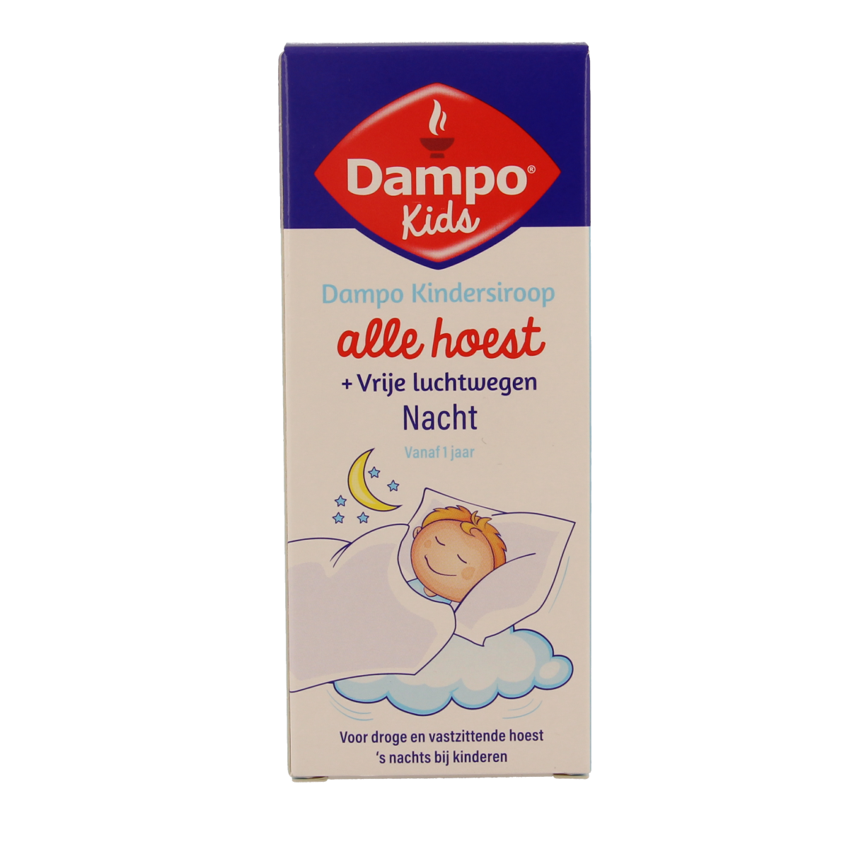 Dampo Kids Hoest Nacht syrup bottle, 100ml, with label and cap, designed for children’s cough relief in nighttime use.