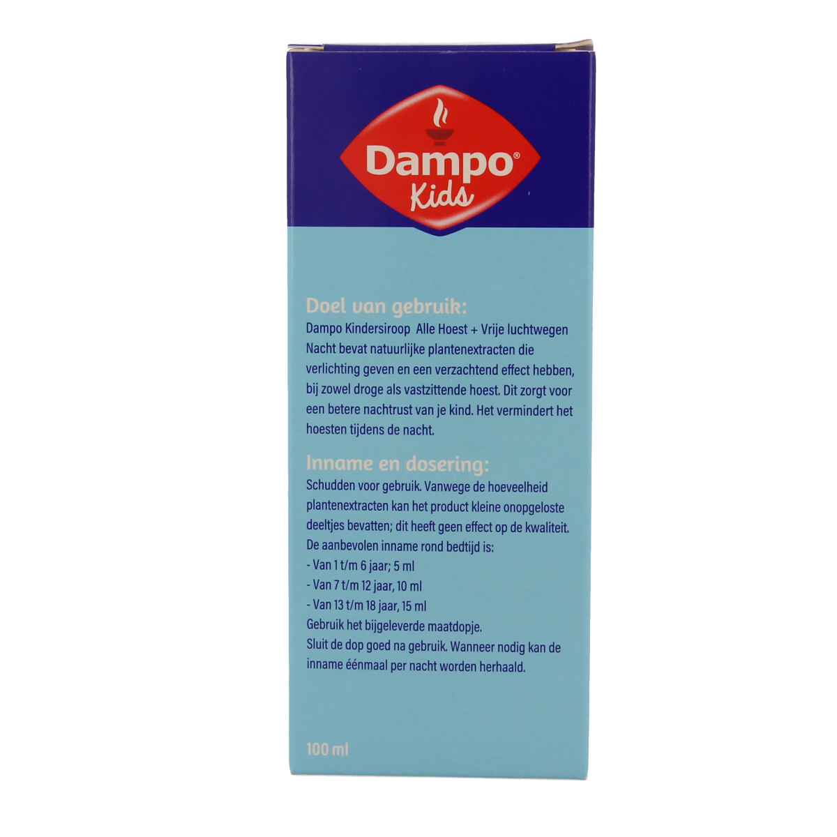 Dampo Kids hoest nacht syrup bottle with label, 100 ml, for children's cough relief, featuring a child-friendly design.