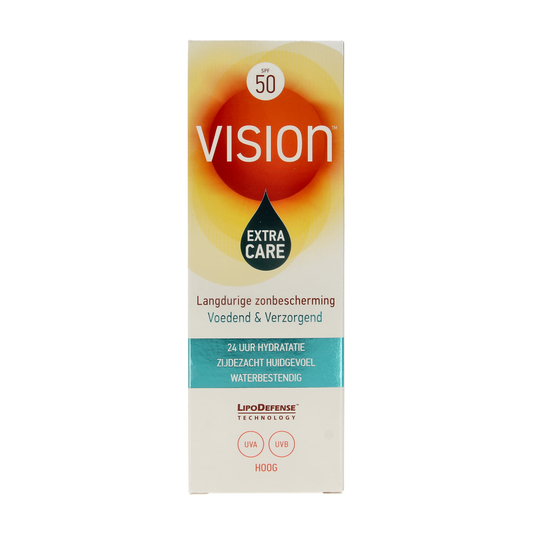 Vision High Extra Care SPF50 sun lotion bottle, 180ml, with broad-spectrum sun protection and nourishing formula.