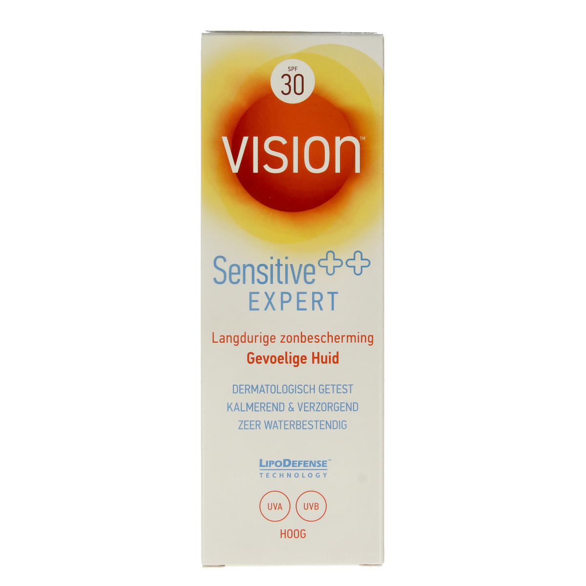 Vision High Sensitive SPF30 sunscreen lotion in a 180ml tube, designed for sensitive skin protection from harmful UV rays.
