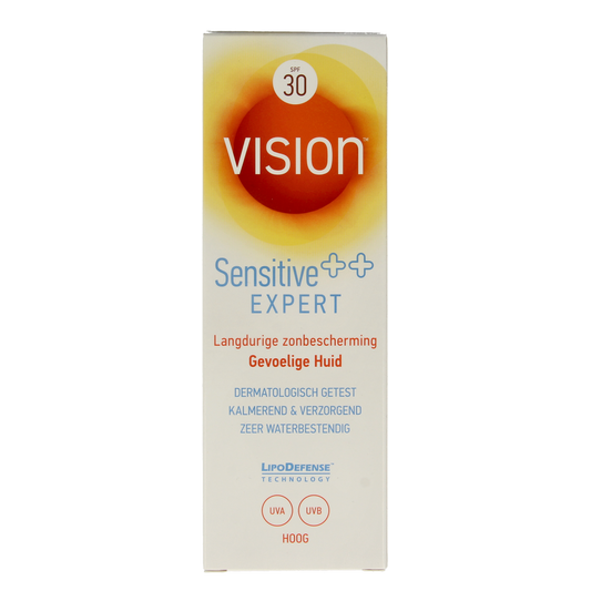 Vision High Sensitive SPF30 sunscreen lotion in a 180ml tube, designed for sensitive skin protection from harmful UV rays.