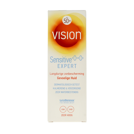 Vision High Sensitive SPF50+ sun lotion in a 185ml bottle, designed for sensitive skin with broad-spectrum sun protection.