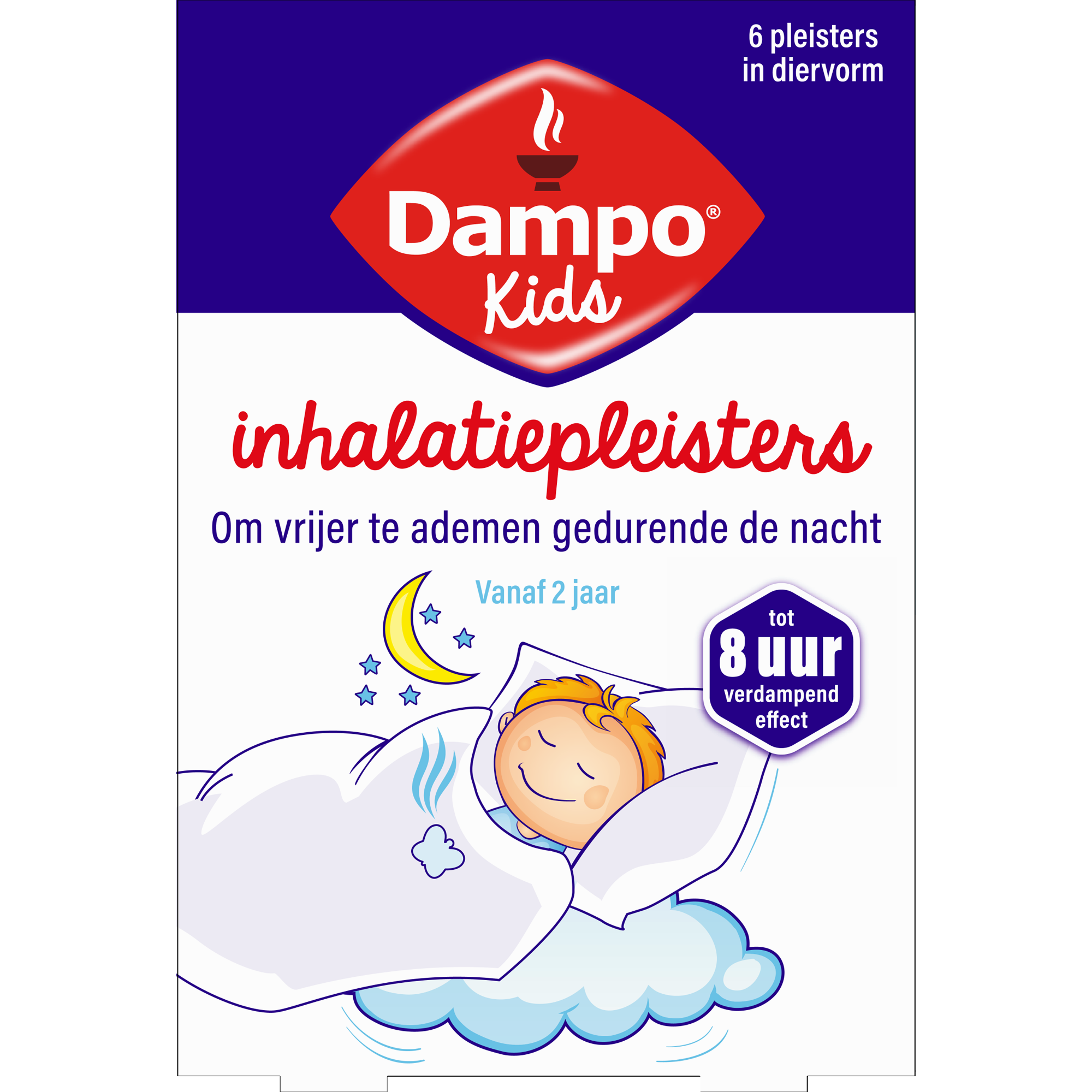 Dampo Kids inhalatiepleister diervormig for nasal care, shown in the package with six pieces for children’s inhalation treatment.