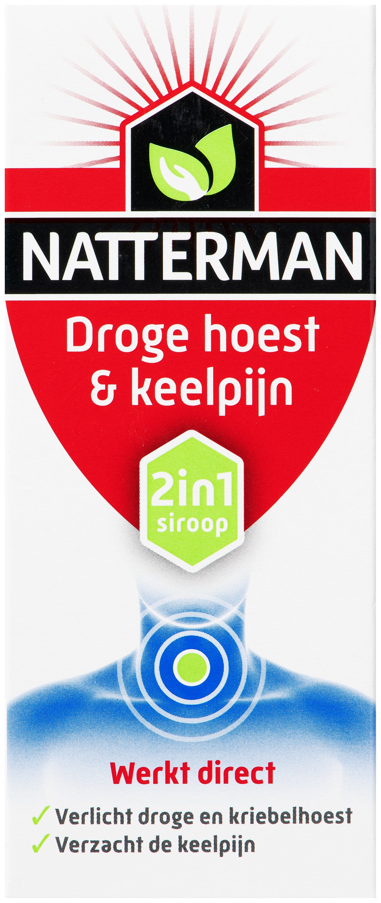 Natterman droge hoest en keelpijn siroop in 150 ml flesje, geschikt voor verlichting van hoest en keelpijn.