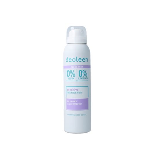 Deoleen deodorant spray 0% sensitive with 150ml bottle, gentle anti-odor protection, suitable for sensitive skin.