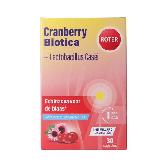 Roter Cranberry and probiotics herbal supplement capsules in a bottle, 30-count, natural health product by Roter.