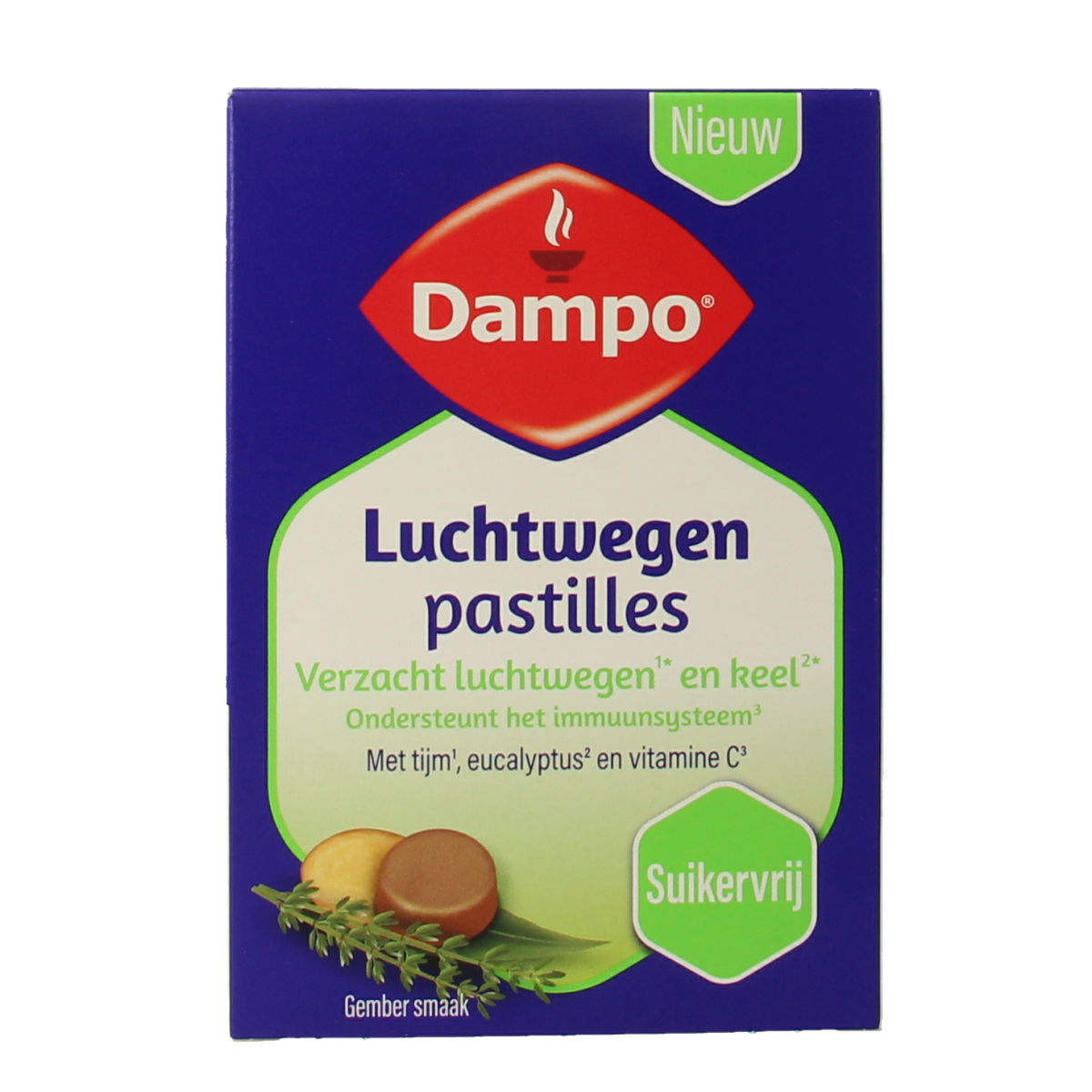 Dampo luchtwegen pastilles in verpakking, herbal throat lozenges by Dampo, 24 pieces for soothing respiratory relief