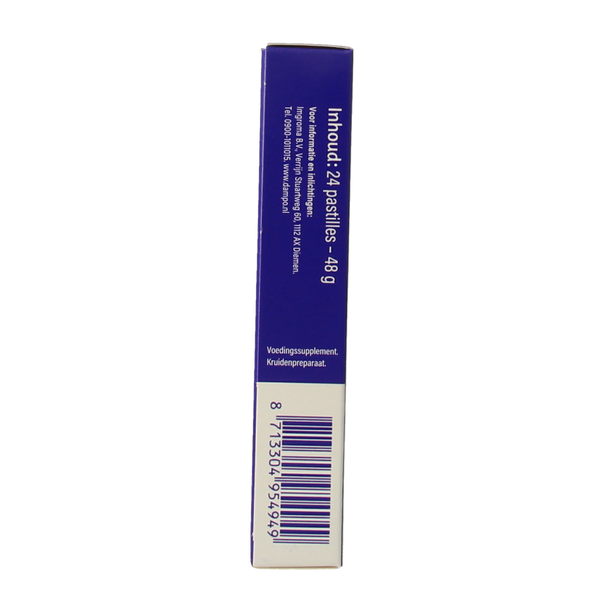 Dampo Luchtwegen pastilles, herbal remedy by Dampo, shown in a box of 24, designed to soothe the airways.