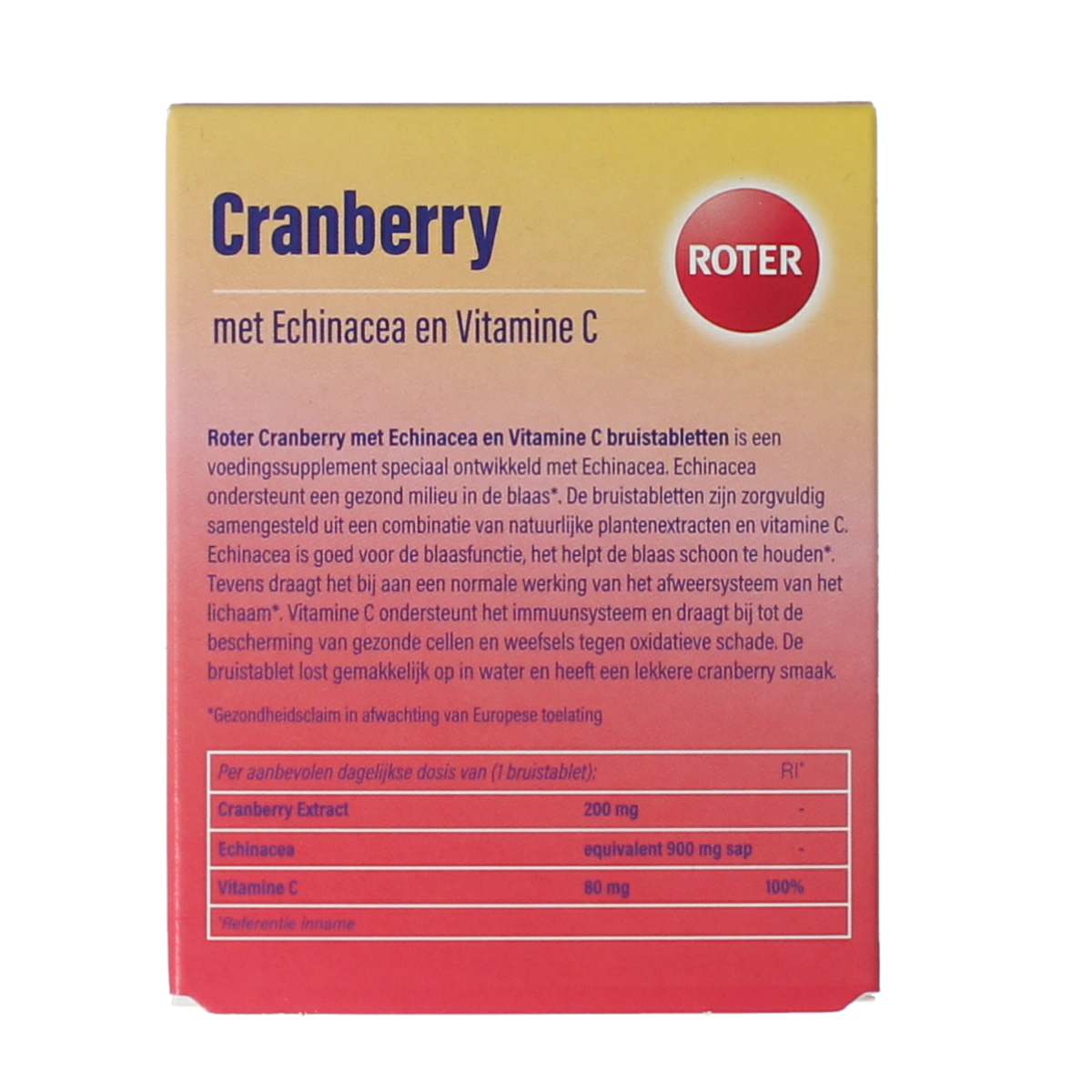 Roter Cranberry vitamin C and echinacea duopack with 20 cranberry-flavored effervescent tablets in a herbal supplement package