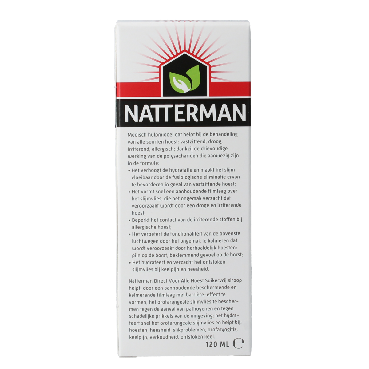 Natterman Hoest drank, sugar-free cough syrup in 120ml bottle, designed to soothe coughs and throat discomfort.