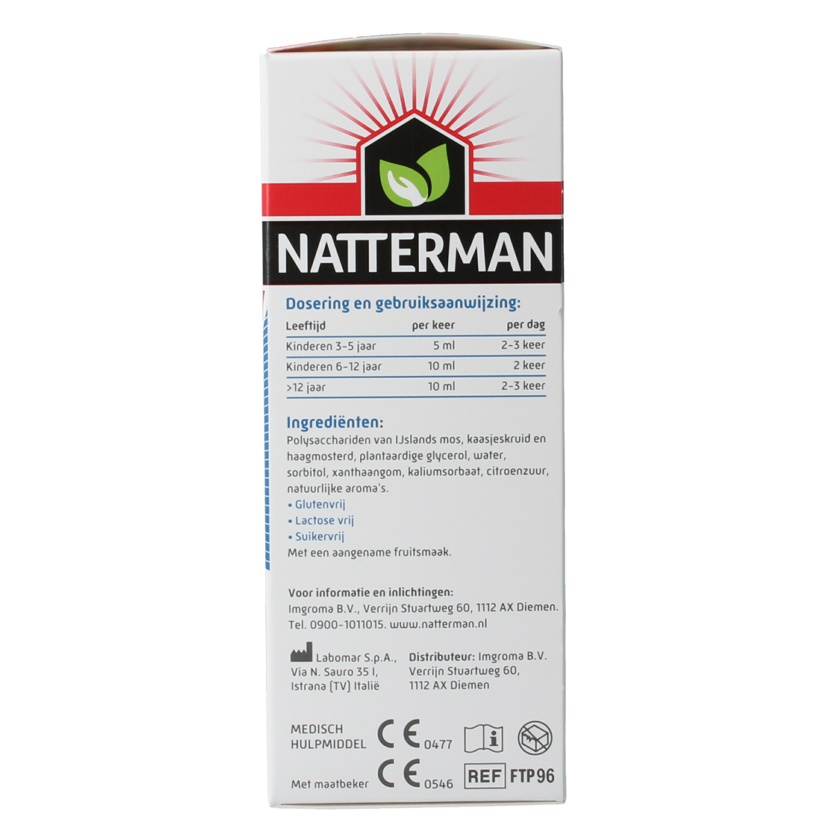 Natterman Hoest drank, sugar-free cough syrup in a 120ml bottle, designed to soothe coughs and sore throats.