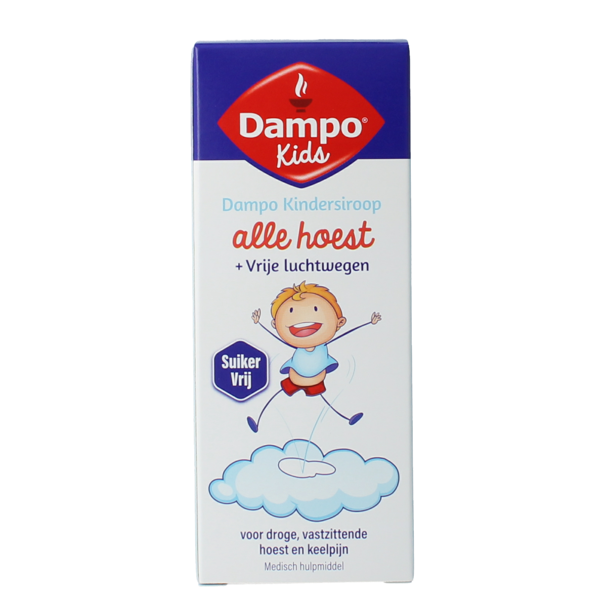 Dampo kindersiroop hoestmiddel, suikervrij, 120ml, geschikt voor kinderen, verpakt in een heldere fles met doseerspuit
