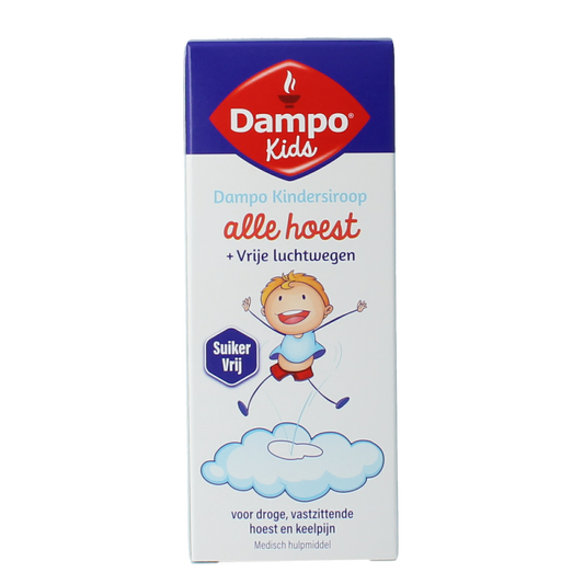 Dampo kindersiroop hoestmiddel, suikervrij, 120ml, geschikt voor kinderen, verpakt in een heldere fles met doseerspuit