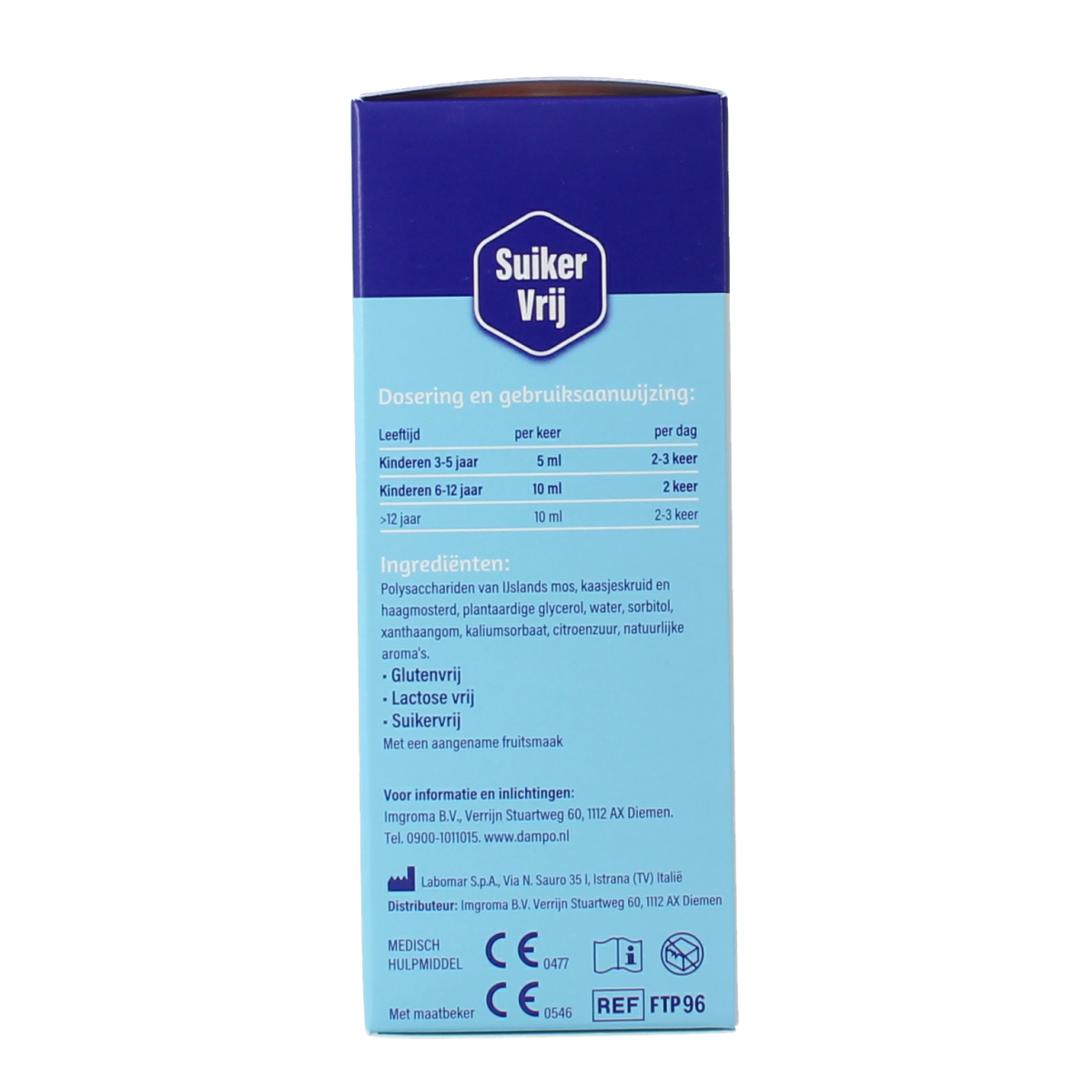 Dampo Kindersiroop hoestmiddel, suikervrij, 120 ml, showing the syrup bottle with label and cap.