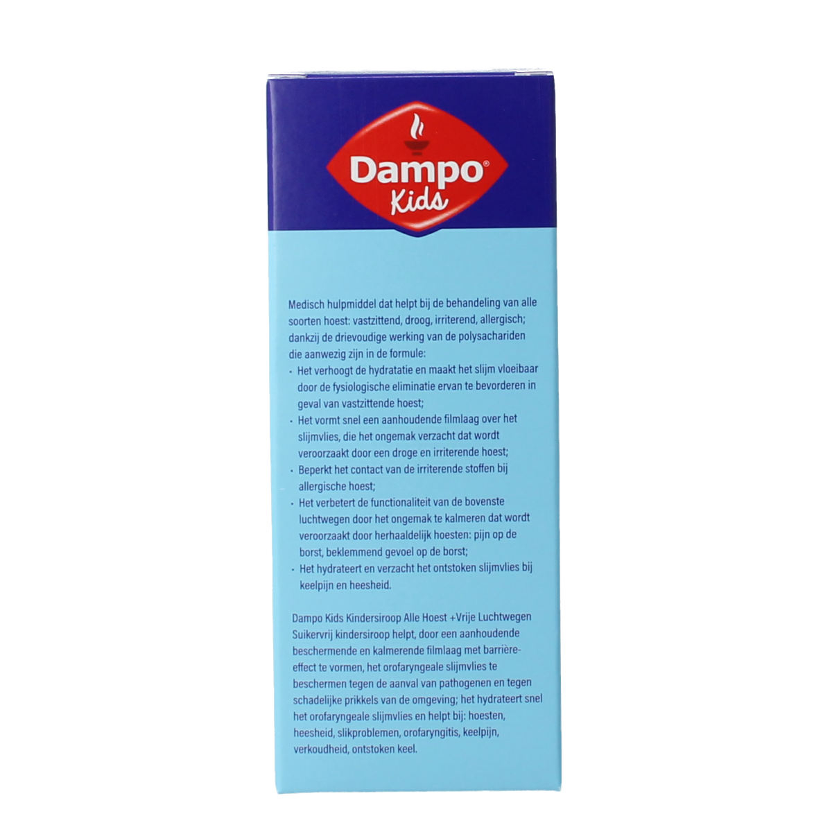 Dampo kindersiroop hoestmiddel in 120ml, suikervrij, with a child-friendly bottle and label showing the product name and brand.